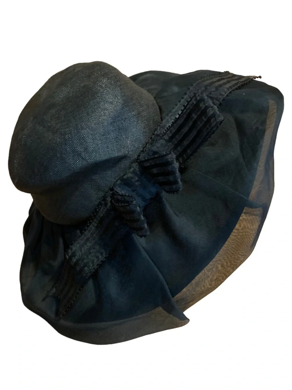 VINTAGE ADOLFO II BLACK WIDE BRIM LINEN HAT WITH STRIPED BOW - Picture 3 of 12
